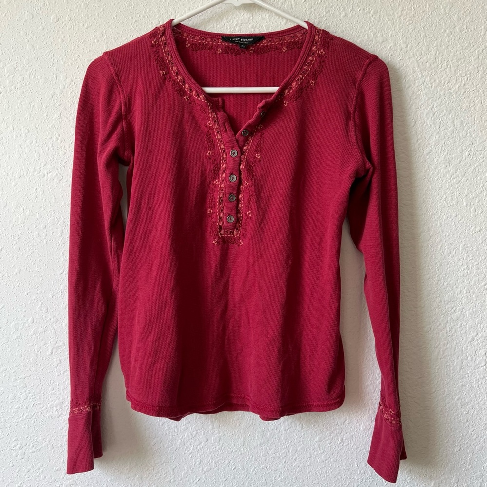 Vintage Lucky Brand burgundy red thermal Henley shirt with embroidered details